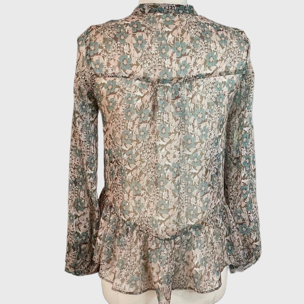 ZARA Denim Sz M Beige Teal Floral Semi-Sheer Peasant Blouse Top Lace Up Ruffle - Picture 7 of 9